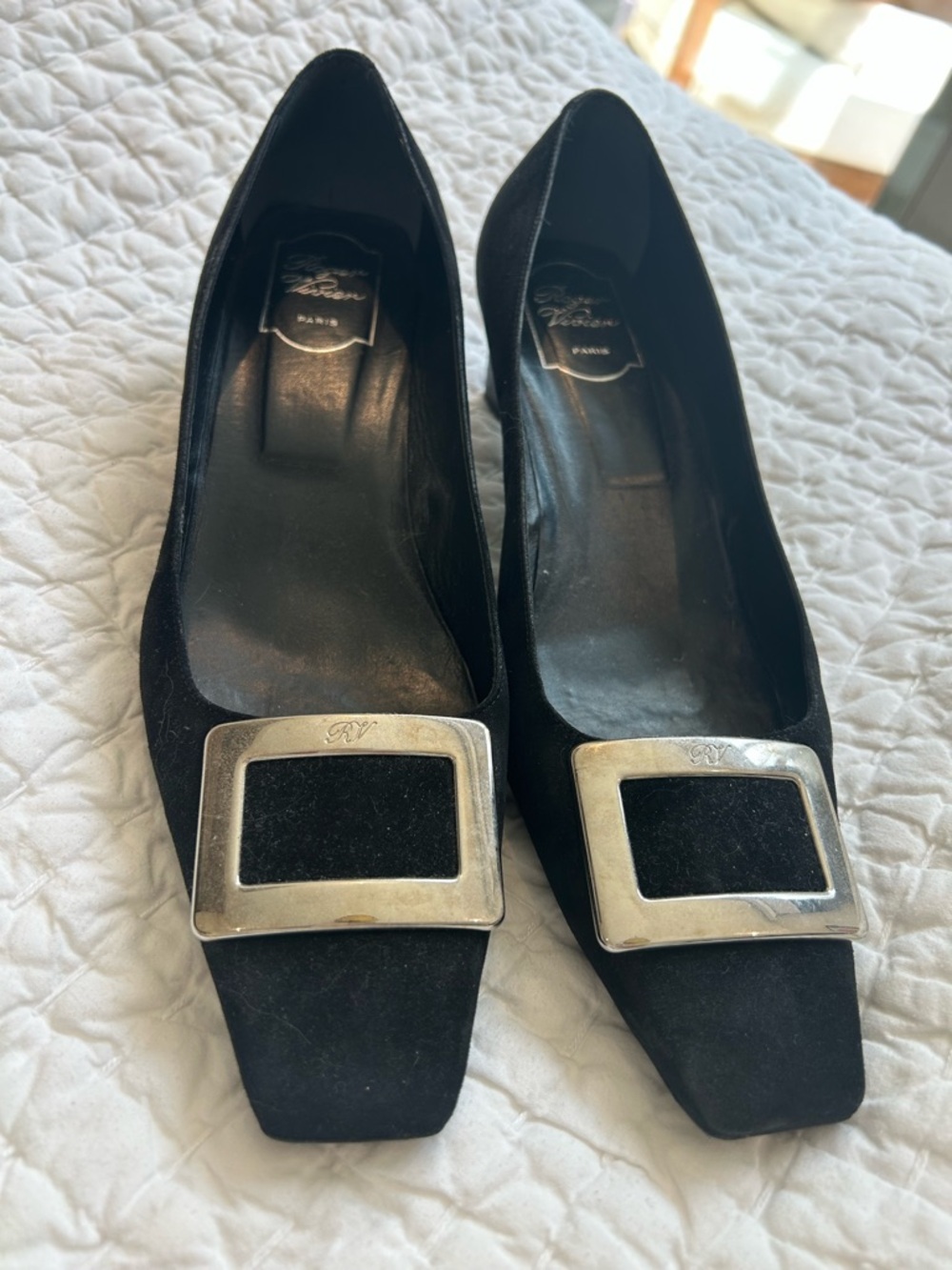 Roger Vivier Black Suede Pumps with Silver Buckle
